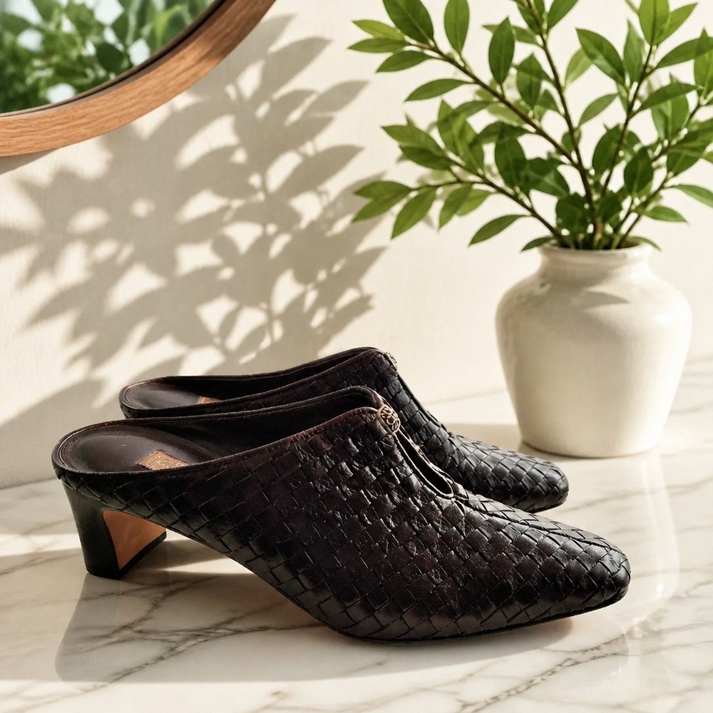 Brighton Brown Woven Leather Mules Block Heel Keyhole Detail Womens 7.5 M